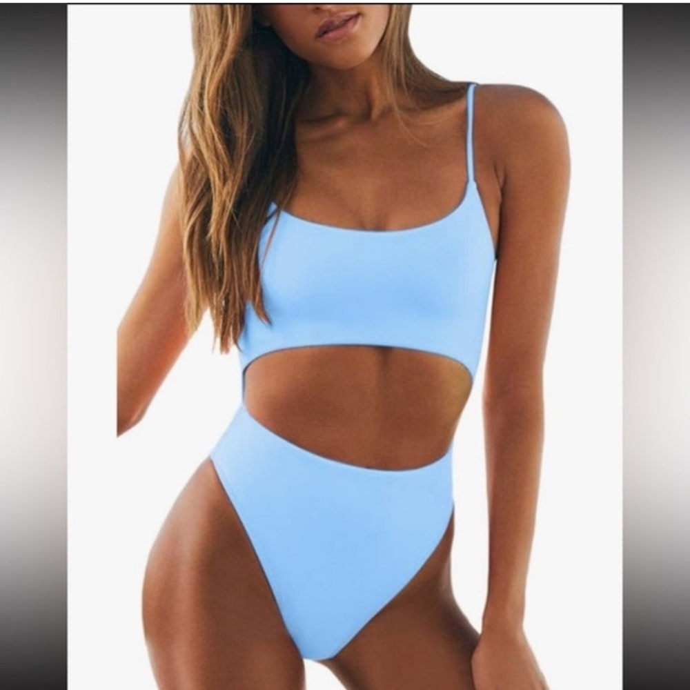 Light Blue Cutout One Piece Swimsuit Lace-Up Back | Adjustable Straps NWOT